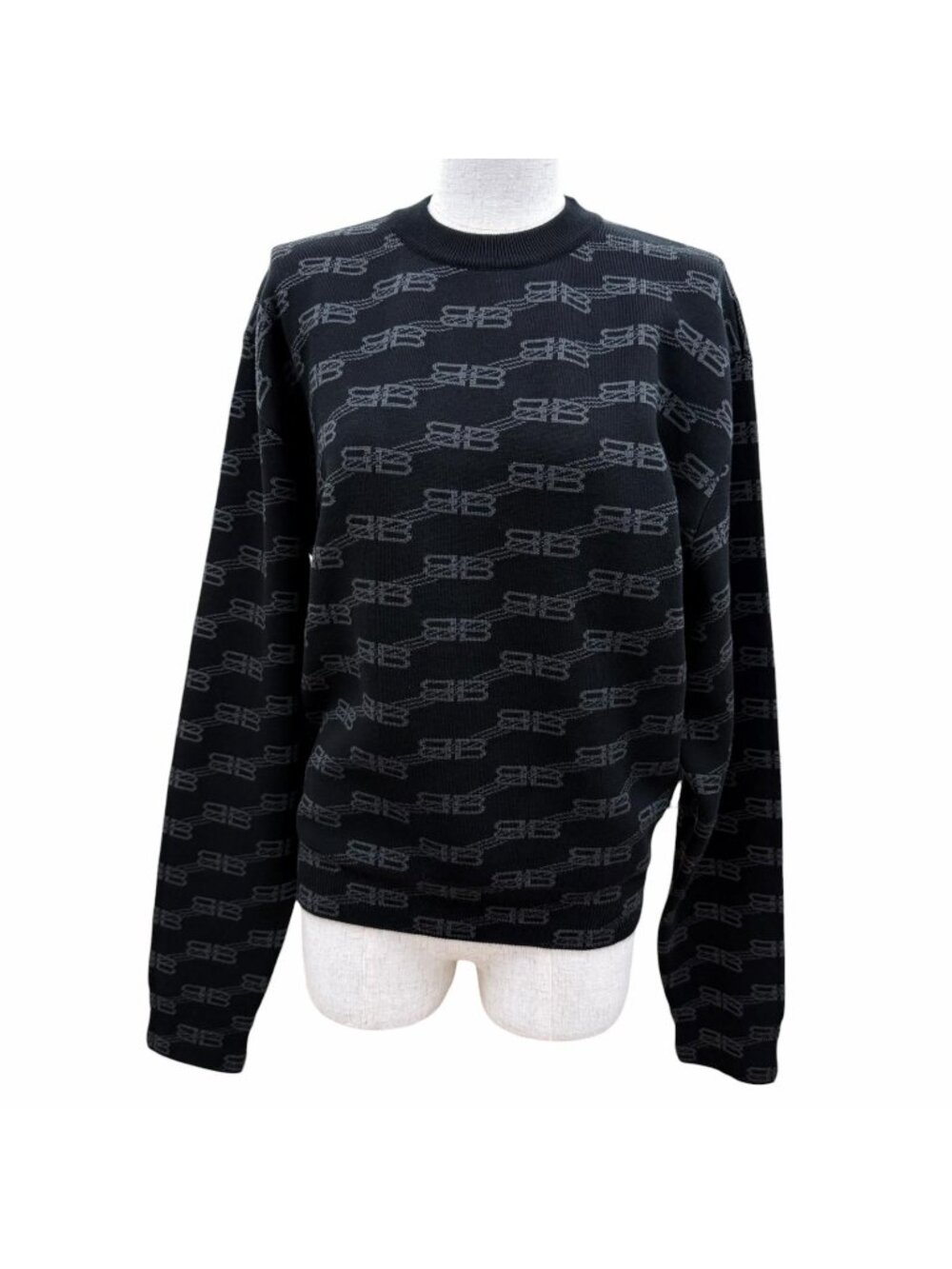 Balenciaga Cotton Wool BB Monogram Long Sleeve Knit Black Gray Sweater